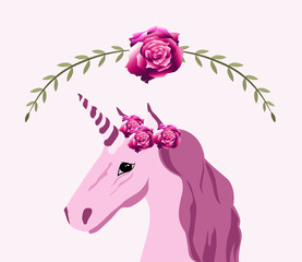 Pink unicorn pony horse with rose flowers and green leaves
