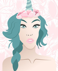 Abstract unicorn woman with floral decorations and turquoise hair