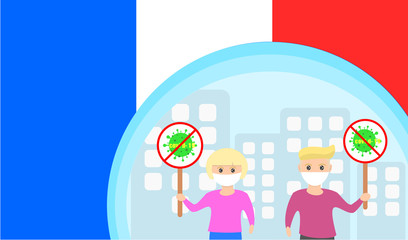 Man and woman holding stop corona virus, covid-19 sign on france flag.