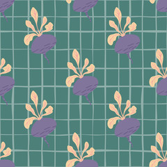 Vintage beetroot backdrop. Hand drawn beet seamless pattern background. Botanical wallpaper. Design for fabric, textile print, wrapping paper, kitchen textiles. Vector illustration