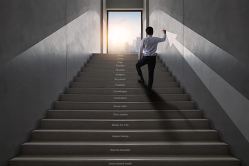 successful business way, how to success and be achievement and focus to goal concept, young businessman stroke and draw arrow up to develop working life to leader, climbing stairs to get top of city