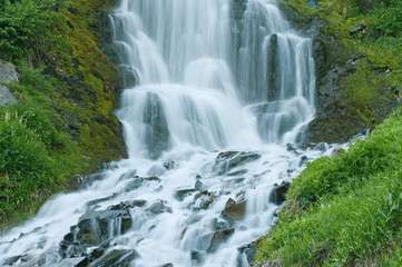 Landscape of Vidae Falls captured with motion blur, Crater Lake National Park, Oregon, USA