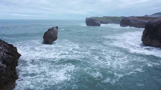 Drone view of El Picon, Aerial view of Buelna Beach, Asturias, Spain, Europe