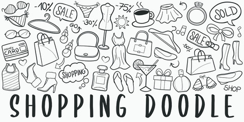 Shopping Doodle Line Art Illustration. Hand Drawn Vector Clip Art. Banner Set Logos.