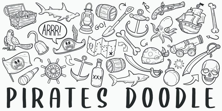 Pirate Adventure Doodle Line Art Illustration. Hand Drawn Vector Clip Art. Banner Set Logos.
