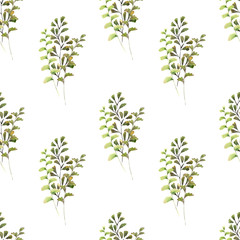 Watercolor seamless pattern with spring Mimosa twigs and different decorative leaves