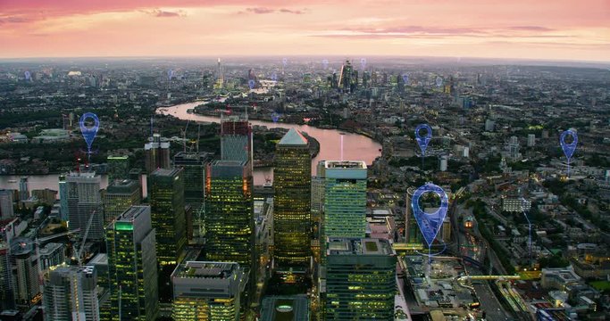 Aerial futuristic view of London skyline. Localization icons in a connected city. Technology concept, data communication, artificial intelligence, internet of things, smart city. Red icons. England.