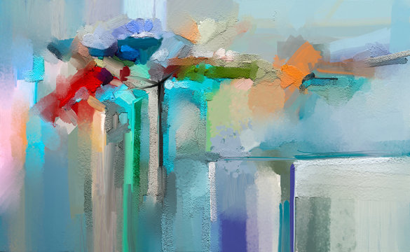 Abstract colorful oil painting on canvas texture. Hand drawn brush stroke, oil color paintings background. Modern art oil paintings with yellow, red color. Abstract contemporary art for background