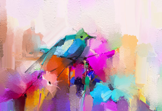 Abstract colorful oil, acrylic painting of bird and spring flower. Modern art paintings brush stroke on canvas. Illustration oil painting, animal and floral for background. © nongkran_ch