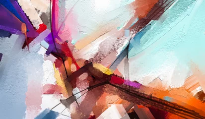 Abstraktes buntes Ölgemälde auf Segeltuchbeschaffenheit. Handgezeichneter Pinselstrich, Ölfarben-Gemälde Hintergrund. Ölgemälde der modernen Kunst mit gelber, roter Farbe. Abstrakte zeitgenössische Kunst für den Hintergrund © nongkran_ch