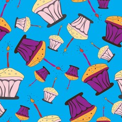 Cupcake seamless vector pattern. Hand drawn cute doodle cupcakes isolated on blue background. Design for party, birthday, greeting cards, gift wrap, stationery,gifts,wrapping paper,printed materials.