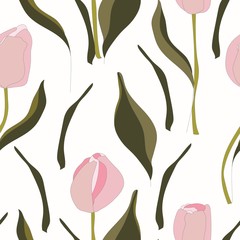 Seamless pattern of pink tulips branches isolated on white background. Stock vector illustration.