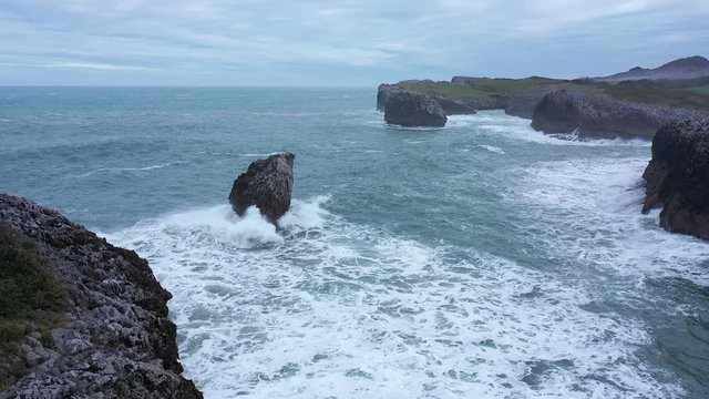 Drone view of El Picon, Aerial view of Buelna Beach, Asturias, Spain, Europe