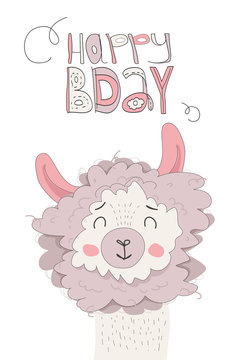 Happy birthday greeting card with cute cheerful smiling llama and lettering isolated on white background.Poster, print, postcard, celebration, birthday concept.Flat cartoon stock vector illustration.