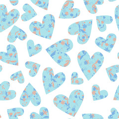 Seamless Vector Pattern with blue hearts and a floral background for decoration, print, textile, stationery, design