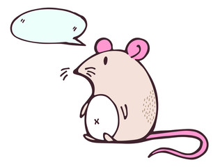 Hand drawing illustration.  Cartoon mouse with thought bubble. Funny character.