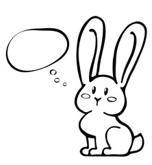 Hand drawing vector illustration.  Funny character. Cartoon rabbit, bunny with thought bubble. Minimalistic design.