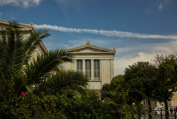 antique palace facade architecture of university campus in garden park outdoor tropic environment between palms