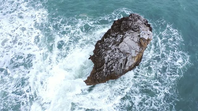 Drone view of El Picon, Aerial view of Buelna Beach, Asturias, Spain, Europe