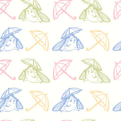 Seamless pattern with a moth running under an umbrella. On a light background.
