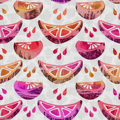 Seamless fruit collage woven texture.  Hand drawn grunge damask on linen fabric textile background. Washed ombre dye color effect style. Distressed hand painted artistic swatch. Boho home decor  © Limolida Studio