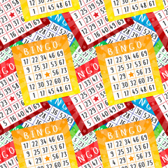 Bingo pattern with red, orange, blue and green tickets. Fun seamless ornament for banners, posters, packets, covers, wallpaper, wrapping paper. Vector illustration