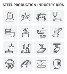 Steel production industry, manufacturing and metallurgy vector icon consist of worker, mining, factory plant and machine i.e. production line, furnace, foundry. Include process to casting product.
