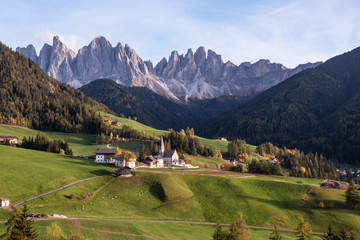 Countryside sunny autumn view of the St. Magdalena, Santa Maddalena in the National Park Puez Odle