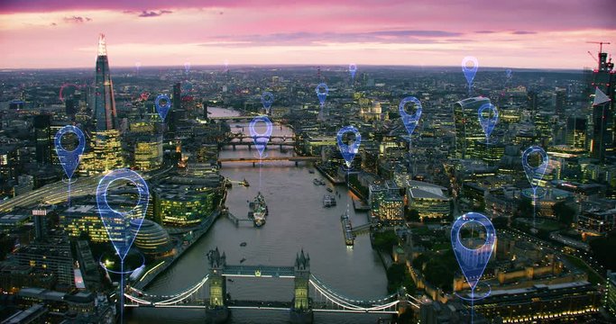 Aerial smart city. Localization icons in a connected futuristic city.  Technology concept, data communication, artificial intelligence, internet of things. London skyline.