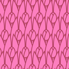 Seamless pattern with geometric tulips. Outline and fill. Spring minimalist pattern for design cards, covers, or wrapping paper for gifts