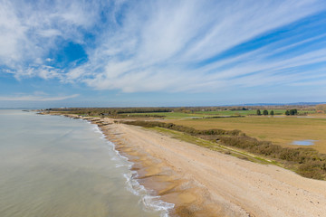 Aerial view of West Beach Littlehampton looking west on a clear and sunny day.
