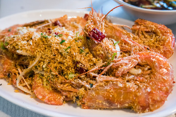 Deep fried crispy shrimp with  salt and garlic - close up