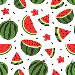 Seamless pattern with watermelon and its slices. Colorful watermelon cut into pieces vector illustration for print, fabric and textile background, packaging and wrapping paper design.