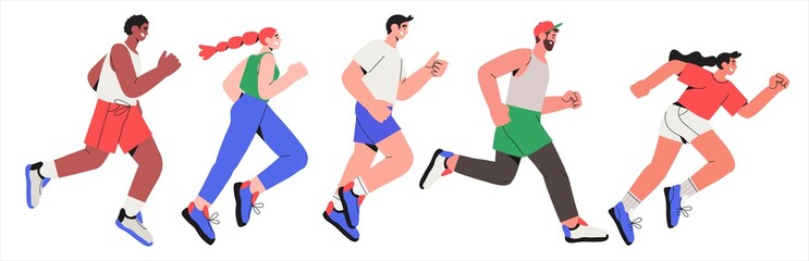 Vector illustration of runners running spring or summer marathon or jogging isolated on a white background in a trendy style. Healthy lifestyle and fitness.