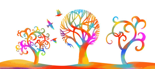 A stylized beautiful multi-colored tree with birds. Mixed media. Vector illustration