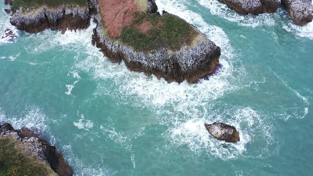 Drone view of El Picon, Aerial view of Buelna Beach, Asturias, Spain, Europe