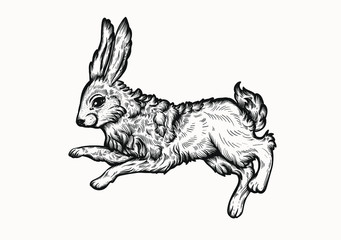 Easter rabbit isolated vector illustration in linocut style. Vintage stamp design of a bunny for print. Use for your creative graphic design projects, lithographs, postcards, invitations, tattoos.
