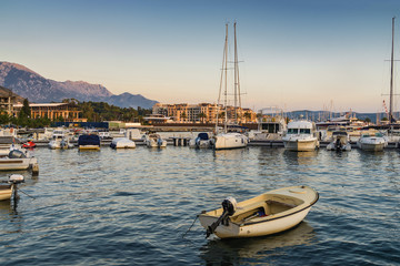 Obraz premium Sunset view of Kotor bay and mountains near Tivat, Montenegro.