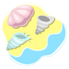 three shells different form lie on the sand near the ocean. flat seascape in delicate colors. Marine, summer and travel concept. cute print for childish clothes.
