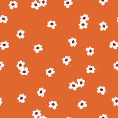 A Seamless pattern with white flowers of fruit trees on an orange background for printing, simple doodle vector stock illustration with inflorescences as stylish fabric or textile for clothing