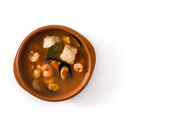 French bouillabaisse soup isolated on white background top view copy space