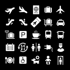 Airport white icons on black background. Flight ticket arrival, passport pictogram set