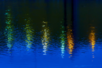 Reflection of light from streetlights on wet asphalt.