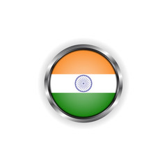 Abstract button with stylish metallic frame. India flag vector illustration