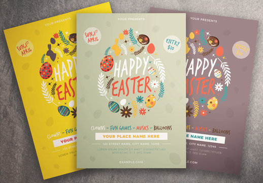 Easter Flyer Layout with Egg Shape and Leaves Flowers Elements