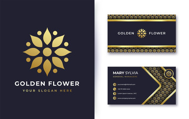 Abstract Golden flower logo design with business card