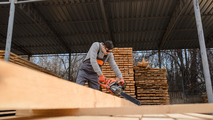 Fototapeta premium A portrait of young man carpenter at the wooden warehouse hold in his hands a chainsaw