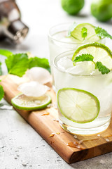 Cold refreshing drink in a glass with lime slices, mint and ice cubes. Summer lemonade with citrus close-up.