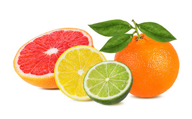 Citrus Fruit Set orange, grapefruit, lime, lemon isolated on white background.