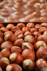 Chocolate with hazelnuts, nuts in a shell in the form of a solid texture. Dessert-milk chocolate with nuts.